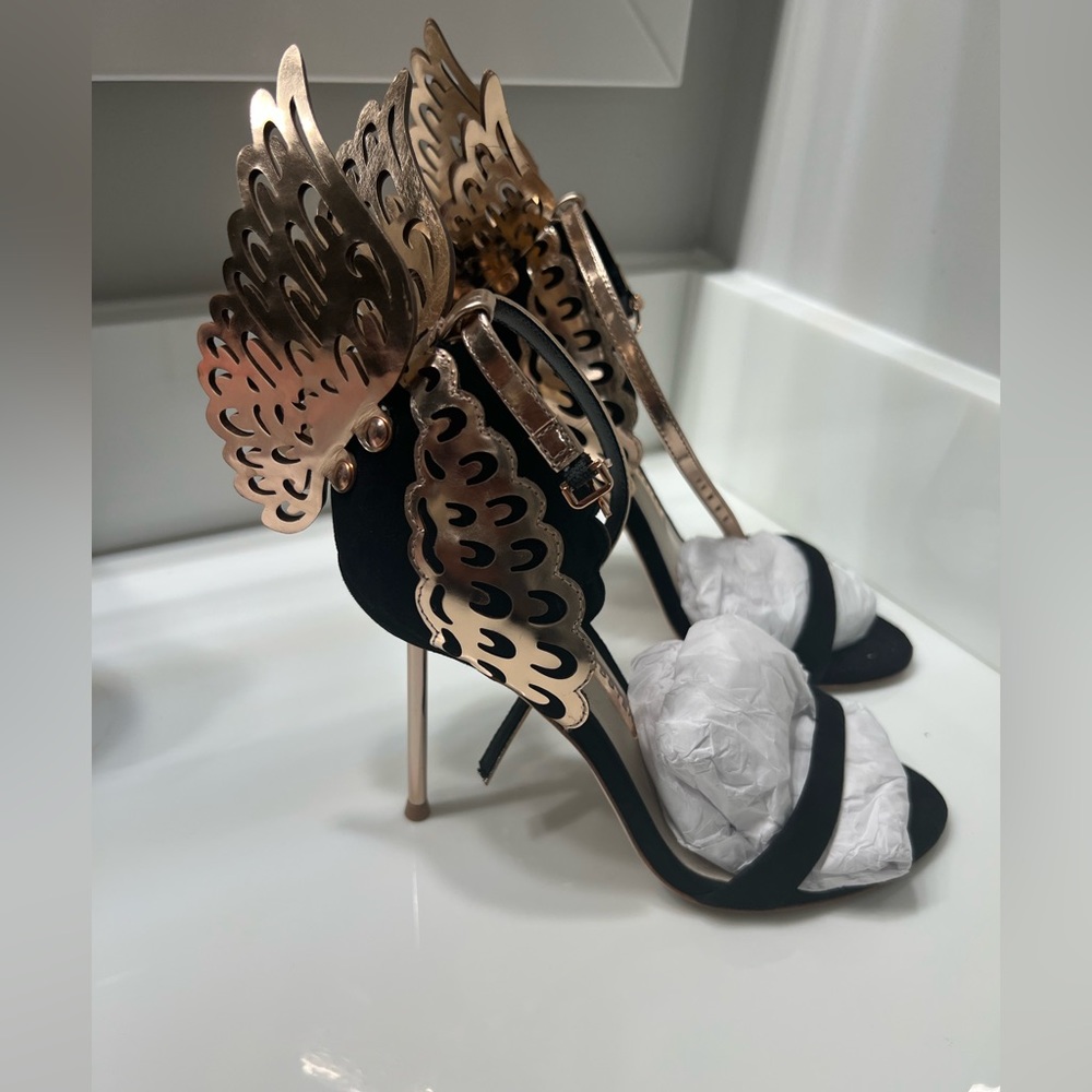 Sophia Webster Sleek black suede sandal with rose gold ankle strap